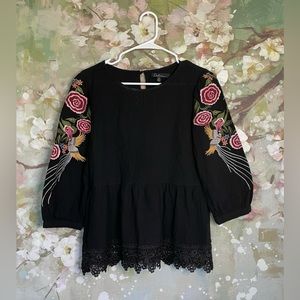 Calessa Black and Embroidery Boho Peasant Bird Balloon Sleeve Blouse Small